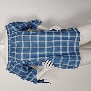 Doe & Rae Blue & White Off-Shoulder Romantic Academia 3/4 Sleeve Plaid Top Sz M